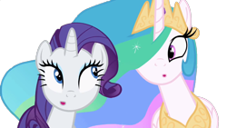 Size: 1280x720 | Tagged: safe, edit, edited screencap, screencap, princess celestia, rarity, alicorn, pony, unicorn, g4, season 2, sweet and elite, :o, background removed, duo, duo female, female, horn, looking at each other, looking at someone, mare, not a vector, open mouth, similarities, simple background, strange minds think alike, synchronized, transparent background