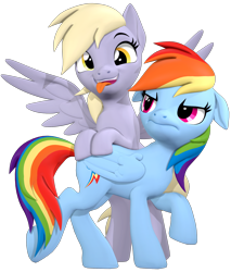 Size: 1700x2000 | Tagged: safe, artist:owlpirate, derpy hooves, rainbow dash, pegasus, pony, g4, 3d, bipedal, bipedal leaning, cute, derpabetes, duo, duo female, female, floppy ears, frown, leaning, looking back, mare, open mouth, open smile, rainbow dash is not amused, silly, silly pony, simple background, smiling, source filmmaker, spread wings, standing on two hooves, tongue out, transparent background, unamused, wings