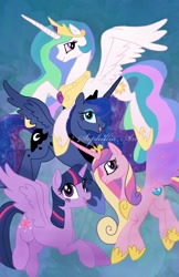 Size: 1242x1920 | Tagged: safe, artist:sophie scruggs, princess cadance, princess celestia, princess luna, twilight sparkle, alicorn, pony, g4, 2014, alicorn tetrarchy, concave belly, female, jewelry, mare, physique difference, regalia, royal sisters, siblings, sisters, slender, thin, twilight sparkle (alicorn)