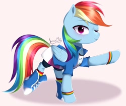 Size: 2246x1893 | Tagged: safe, artist:jxxnxmlp, rainbow dash, pegasus, pony, g4, clothes, equestria girls outfit, female, looking at you, mare, one eye closed, pose, shadow, signature, simple background, smiling, solo, wink, winking at you