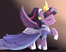 Size: 1250x1000 | Tagged: safe, artist:jxxnxmlp, twilight sparkle, alicorn, pony, g4, the last problem, clothes, coronation dress, crown, dress, elegant, eyes closed, female, gradient background, hoof shoes, jewelry, mare, raised hoof, regal, regalia, second coronation dress, signature, solo, spread wings, the last problem 10th anniversary, twilight sparkle (alicorn), wings