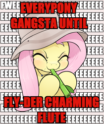 Size: 3064x3644 | Tagged: safe, artist:whiskeypanda, fluttershy, pegasus, pony, daring doubt, g4, blowing flute, blushing, cute, flute, fluttermacgyver, fly-der charming flute, fwee, impact font, meme, musical instrument, puffy cheeks, safari hat, shyabetes, solo