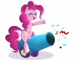 Size: 1250x1000 | Tagged: safe, artist:jxxnxmlp, pinkie pie, earth pony, pony, g4, confetti, female, mare, one eye closed, open mouth, open smile, party cannon, simple background, smiling, solo, white background