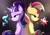 Size: 2500x1750 | Tagged: safe, artist:jxxnxmlp, starlight glimmer, sunset shimmer, pony, unicorn, g4, cutie mark, duo, duo female, female, horn, magic, mare, s5 starlight, signature, split screen, two sides