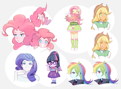 Size: 1200x880 | Tagged: safe, artist:megarock, angel bunny, applejack, fluttershy, pinkie pie, rainbow dash, rarity, sci-twi, twilight sparkle, human, equestria girls, g4, aside glance, bouquet of flowers, chibi, eyes closed, flower, gray background, grin, humane five, humane six, looking at you, open mouth, simple background, smiling, sparkles, white background