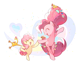 Size: 900x755 | Tagged: safe, artist:megarock, boneless, boneless 6, li'l cheese, pinkie pie, earth pony, pony, semi-anthro, g4, abstract background, bipedal, colt, confetti, cute, diapinkes, eyes closed, female, foal, holding hooves, li'l cheesebetes, male, mother and child, mother and son, older, older pinkie pie, rubber chicken, simple background, smiling, white background