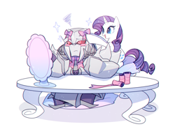 Size: 900x667 | Tagged: safe, artist:megarock, rarity, cybertronian, pony, robot, unicorn, g4, blushing, crossover, decepticon, female, horn, male, mare, megatron, mirror, pillow, simple background, sitting, sparkles, table, thread, transformers, white background