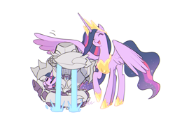 Size: 800x600 | Tagged: safe, artist:megarock, twilight sparkle, alicorn, cybertronian, pony, robot, g4, covering face, crossover, crown, crying, decepticon, eyes closed, female, hoof shoes, jewelry, male, mare, megatron, ocular gushers, older, older twilight, older twilight sparkle (alicorn), open mouth, open smile, patting, peytral, plushie, princess shoes, princess twilight 2.0, regalia, simple background, sitting, smiling, sobbing, spread wings, transformers, twilight sparkle (alicorn), twilight sparkle plushie, white background, wings