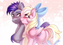 Size: 4961x3508 | Tagged: safe, artist:fenwaru, oc, oc only, oc:bay breeze, oc:thunder run, bat pony, pegasus, pony, bat pony oc, blushing, bow, butt, duo, duo male and female, female, hair bow, looking at each other, looking at someone, male, mare, pegasus oc, plot, scar, shipping, stallion, straight, tail, tail bow, unshorn fetlocks, wings