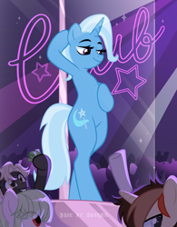 Size: 3893x5001 | Tagged: safe, alternate version, artist:ghostpikachu, derpibooru exclusive, trixie, oc, pony, unicorn, semi-anthro, g4, absurd resolution, base artist:seurnik, base used, bedroom eyes, bipedal, club, dancing, horn, lidded eyes, male, multiple variants, party, pole, pole dancing, seductive, seductive look, seductive pose, sexy, solo focus, spotlight, stripper pole