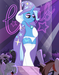 Size: 3893x5001 | Tagged: safe, alternate version, artist:ghostpikachu, derpibooru exclusive, trixie, oc, pony, unicorn, semi-anthro, g4, absurd resolution, base artist:seurnik, base used, bedroom eyes, bipedal, cape, clothes, club, collar, dancing, gem, hat, horn, lidded eyes, makeup, multiple variants, panties, party, pole, pole dancing, seductive, seductive look, seductive pose, sexy, socks, solo focus, spotlight, stockings, stripper pole, thigh highs, underwear