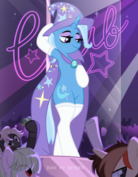 Size: 3893x5001 | Tagged: safe, alternate version, artist:ghostpikachu, derpibooru exclusive, trixie, oc, pony, unicorn, semi-anthro, g4, absurd resolution, base artist:seurnik, base used, bedroom eyes, bipedal, cape, clothes, club, dancing, gem, hat, horn, lidded eyes, makeup, multiple variants, party, pole, pole dancing, seductive, seductive look, seductive pose, sexy, socks, solo focus, spotlight, stockings, stripper pole, thigh highs