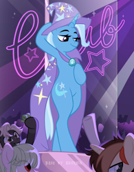 Size: 3893x5001 | Tagged: safe, alternate version, artist:ghostpikachu, derpibooru exclusive, trixie, oc, pony, unicorn, semi-anthro, g4, absurd resolution, base artist:seurnik, base used, bedroom eyes, bipedal, cape, clothes, club, dancing, gem, hat, horn, lidded eyes, makeup, multiple variants, party, pole, pole dancing, seductive, seductive look, seductive pose, sexy, solo focus, spotlight, stripper pole