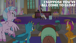 Size: 2000x1125 | Tagged: safe, edit, edited screencap, editor:quoterific, screencap, chancellor neighsay, gallus, silverstream, smolder, yona, dragon, griffon, hippogriff, pony, unicorn, yak, g4, school raze, season 8, butt, chains, chair, horn, interior, lock, padlock, school of friendship, smolderriere, streambutt, twilight's office, yonass