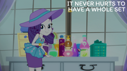 Size: 2000x1125 | Tagged: safe, edit, edited screencap, editor:quoterific, screencap, rarity, human, camping must-haves, equestria girls, g4, my little pony equestria girls: better together, female, hat, lotion, rarity peplum dress, solo, sun hat