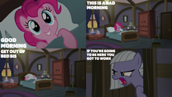 Size: 2000x1125 | Tagged: safe, edit, edited screencap, editor:quoterific, screencap, limestone pie, pinkie pie, earth pony, pony, g4, season 8, the maud couple, bed, bedroom, book, desk lamp, duo, duo female, female, grin, in bed, mare, open mouth, smiling, talking, text, window