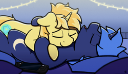 Size: 3736x2160 | Tagged: safe, artist:sefastpone, oc, oc only, oc:falling dusk, oc:magni, pony, unicorn, bed, gay, horn, male, sleeping, snuggling, steam deck