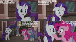 Size: 2000x1125 | Tagged: safe, edit, edited screencap, editor:quoterific, screencap, luckette, maud pie, pegasus olsen, peggy holstein, pinkie pie, rarity, earth pony, pony, unicorn, g4, season 6, the gift of the maud pie, floppy ears, horn, manehattan, tree