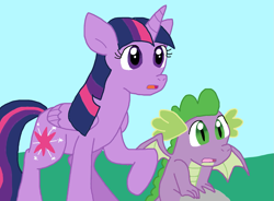 Size: 1247x920 | Tagged: safe, artist:cmara, spike, twilight sparkle, alicorn, dragon, pony, g4, duo, duo male and female, female, male, twilight sparkle (alicorn), winged spike, wings