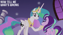 Size: 2000x1125 | Tagged: safe, edit, edited screencap, editor:quoterific, screencap, princess celestia, starlight glimmer, alicorn, pony, unicorn, a royal problem, g4, season 7, butt, duo, duo female, female, folded wings, glimmer glutes, hoof on chin, horn, jewelry, looking at each other, looking at someone, mare, momlestia fuel, regalia, standing on three hooves, talking, text, three toned mane, wings, wrong cutie mark