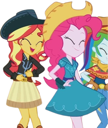 Size: 2132x2520 | Tagged: safe, edit, edited screencap, editor:mrtoonlover83, screencap, pinkie pie, rainbow dash, sunset shimmer, human, equestria girls, g4, background removed, belt, boots, clothes, cowboy boots, cowboy hat, cowgirl, cute, denim, dress, hat, jeans, not a vector, pants, shimmerbetes, shirt, shoes, simple background, skirt, stetson, transparent background