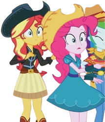 Size: 2163x2520 | Tagged: safe, edit, edited screencap, editor:mrtoonlover83, screencap, pinkie pie, rainbow dash, sunset shimmer, human, equestria girls, g4, background removed, belt, boots, clothes, cowboy boots, cowboy hat, cowgirl, denim, dress, female, hat, jeans, not a vector, pants, shirt, shoes, simple background, skirt, stetson, transparent background