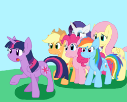 Size: 2051x1650 | Tagged: safe, artist:cmara, applejack, fluttershy, pinkie pie, rainbow dash, rarity, twilight sparkle, alicorn, earth pony, pegasus, pony, unicorn, g4, female, horn, mane six, mare, twilight sparkle (alicorn)