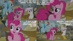 Size: 2000x1125 | Tagged: safe, edit, edited screencap, editor:quoterific, screencap, gilda, pinkie pie, rainbow dash, earth pony, griffon, pegasus, pony, g4, my little pony: friendship is magic, season 5, the lost treasure of griffonstone, book, female, mare, statue, trio, trio female