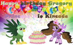 Size: 1920x1200 | Tagged: safe, artist:shieldwingarmorofgod, oc, oc only, oc:gregory griffin, oc:princess kincade, alicorn, griffon, balloon, birthday cake, cake, candle, duo, food, happy birthday, hat, party hat, sunburst background