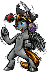 Size: 2505x3853 | Tagged: safe, artist:thescornfulreptilian, oc, oc only, oc:jumping jack, pegasus, pony, apple, bipedal, bottle, food, hat, juggling, knife, male, simple background, solo, stallion, transparent background