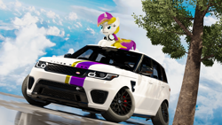 Size: 3840x2160 | Tagged: safe, artist:mrwithered, oc, oc only, oc:sprinkles, pony, unicorn, 3d, female, headphones, horn, mare, range rover, reflection, solo, tree, wet