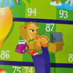 Size: 640x640 | Tagged: safe, applejack, rainbow dash, rarity, earth pony, pony, g4, official, applejack is not amused, backpack, board game, book, chutes and ladders, female, hay bale, homework, offscreen character, rainbow power, sitting, solo focus, television, unamused