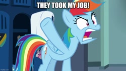 Size: 888x499 | Tagged: safe, edit, edited screencap, screencap, rainbow dash, pegasus, pony, g4, parental glideance, season 7, angry, caption, female, furious, hoof in air, image macro, implied wonderbolts, lockers, mare, meme, open mouth, reference, reference in the description, reference to another series, solo, south park, text, they took our jobs, yelling