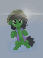 Size: 2048x2732 | Tagged: safe, artist:mandumustbasukanemen, oc, oc only, oc:filly anon, pony, clothes, female, filly, hat, lens flare, shirt, sitting, solo