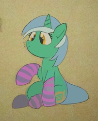 Size: 1434x1779 | Tagged: safe, artist:mandumustbasukanemen, lyra heartstrings, pony, g4, clothes, female, implied lesbian, implied lyrabon, implied shipping, mare, sitting, smiling, socks, solo, striped socks, whiskers