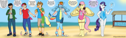 Size: 3491x1055 | Tagged: safe, artist:sparkbolt3020, applejack, fluttershy, pinkie pie, rainbow dash, rarity, twilight sparkle, earth pony, human, pegasus, pony, unicorn, anthro, g4, applejack's hat, beach, clothes, cowboy hat, drink, eyeshadow, glasses, group, hat, horn, human to anthro, human to pony, magic, magic aura, makeup, male to female, mane six, mid-transformation, one-piece swimsuit, open mouth, open smile, post-transformation, rule 63, smiling, speech bubble, spread wings, sun, swimsuit, telekinesis, transformation, transforming clothes, transgender transformation, wings