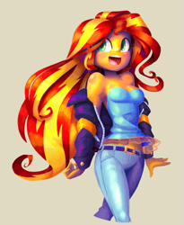 Size: 1657x2022 | Tagged: safe, artist:shadowhawx, sunset shimmer, human, equestria girls, g4, bare shoulders, beige background, blushing, breasts, busty sunset shimmer, clothes, denim, female, jacket, jeans, looking offscreen, off shoulder, open mouth, open smile, pants, reasonably sized breasts, simple background, smiling, solo