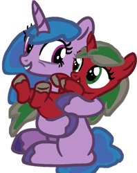 Size: 735x928 | Tagged: safe, artist:deeriehooves, izzy moonbow, oc, pony, unicorn, g4, g5, baby, baby pony, child, duo, female, filly, foal, g5 to g4, generation leap, horn, implied izzysprout, implied shipping, implied sprout cloverleaf, implied straight, offspring, parent:izzy moonbow, parent:sprout cloverleaf, simple background, transparent background