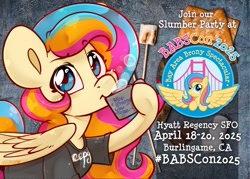 Size: 2000x1428 | Tagged: safe, artist:midnightpremiere, oc, oc only, oc:golden gates, pegasus, babscon, babscon 2025, clothes, convention, convention mascot, mascot, mug, shirt, sipping, solo, text