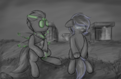 Size: 5000x3250 | Tagged: safe, artist:aaathebap, oc, oc:codex droplet, pony, robot, robot pony, cybernetic legs, cyberpunk, duo, dystopia, monochrome, ominous, sketch, upset, visor