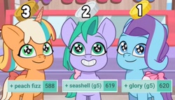 Size: 1894x1080 | Tagged: safe, edit, edited screencap, screencap, glory (g5), peach fizz, seashell (g5), earth pony, pegasus, pony, unicorn, derpibooru, g5, my little pony: tell your tale, pippsqueaks forever, bits, bow, cute, female, glorydorable, grin, hnnng, horn, mare, meta, peachsweet, pippsqueak trio, pippsqueaks, shellabetes, shiny eyes, showing teeth, smiling, tail, tail bow, trio, trio female