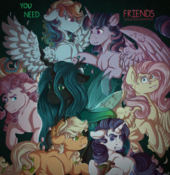 Size: 1495x1540 | Tagged: safe, artist:binibean, mean applejack, mean fluttershy, mean pinkie pie, mean rainbow dash, mean rarity, mean twilight sparkle, queen chrysalis, changeling, changeling queen, earth pony, pegasus, pony, unicorn, g4, the mean 6, clone, evil smile, female, grin, horn, mare, mean six, smiling