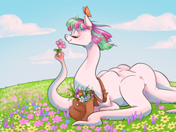 Size: 2568x1928 | Tagged: safe, artist:smirk, blossomforth, butterfly, fanfic:blossomthing, g4, bag, blossomthing, blushing, body horror, eldritch abomination, flower, high res, messenger bag, shapeshifter, shapeshifting, tentacle neck, tentacle spider, tentacles