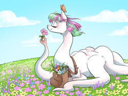 Size: 2568x1928 | Tagged: safe, artist:smirk, blossomforth, butterfly, fanfic:blossomthing, g4, bag, blossomthing, body horror, eldritch abomination, flower, high res, messenger bag, shapeshifter, shapeshifting, solo, tentacle neck, tentacle spider, tentacles