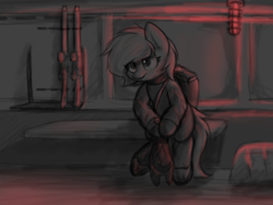 Size: 4000x3000 | Tagged: safe, artist:aaathebap, oc, oc only, oc:codex droplet, earth pony, contemplating, gun, monochrome, red light, sitting, solo, weapon