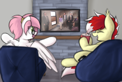 Size: 3200x2160 | Tagged: safe, artist:aaathebap, oc, oc only, oc:aaaaaaaaaaa, oc:sugar morning, bat pony, pegasus, beanbag chair, duo, television, the office, watching, watching tv