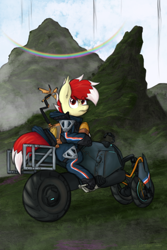 Size: 2000x3000 | Tagged: safe, artist:aaathebap, oc, oc only, oc:aaaaaaaaaaa, bat pony, death stranding, fog, future, futuristic, grass, looking back, motorcycle, mountain, mountain range, ominous, rainbow, scenery, solo