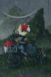 Size: 2000x3000 | Tagged: safe, artist:aaathebap, oc, oc only, oc:aaaaaaaaaaa, bat pony, death stranding, fog, future, futuristic, grass, looking back, motorcycle, mountain, mountain range, ominous, rain, rainbow, scenery, solo