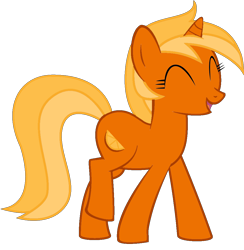 Size: 998x1024 | Tagged: safe, tangerine (g4), pony, unicorn, g4, ^^, background pony, eyes closed, female, food, horn, mare, open mouth, open smile, orange, recolor, simple background, smiling, solo, transparent background, vector, walking