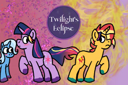 Size: 1500x1000 | Tagged: safe, artist:zoeyhorse, sunset shimmer, trixie, twilight sparkle, pony, unicorn, g4, abstract background, alternate universe, blush sticker, blushing, colored hooves, fanfic, fanfic art, fanfic cover, female, frown, hooves, horn, lesbian, mare, polyamory, ship:sunsetsparkle, ship:suntrix, ship:twixie, shipping, trio, trio female, unicorn twilight